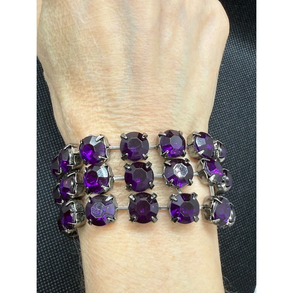 Vintage Purple Rhinestone Triple Row Cuff Bracelet Silver Tone Statement Jewelry